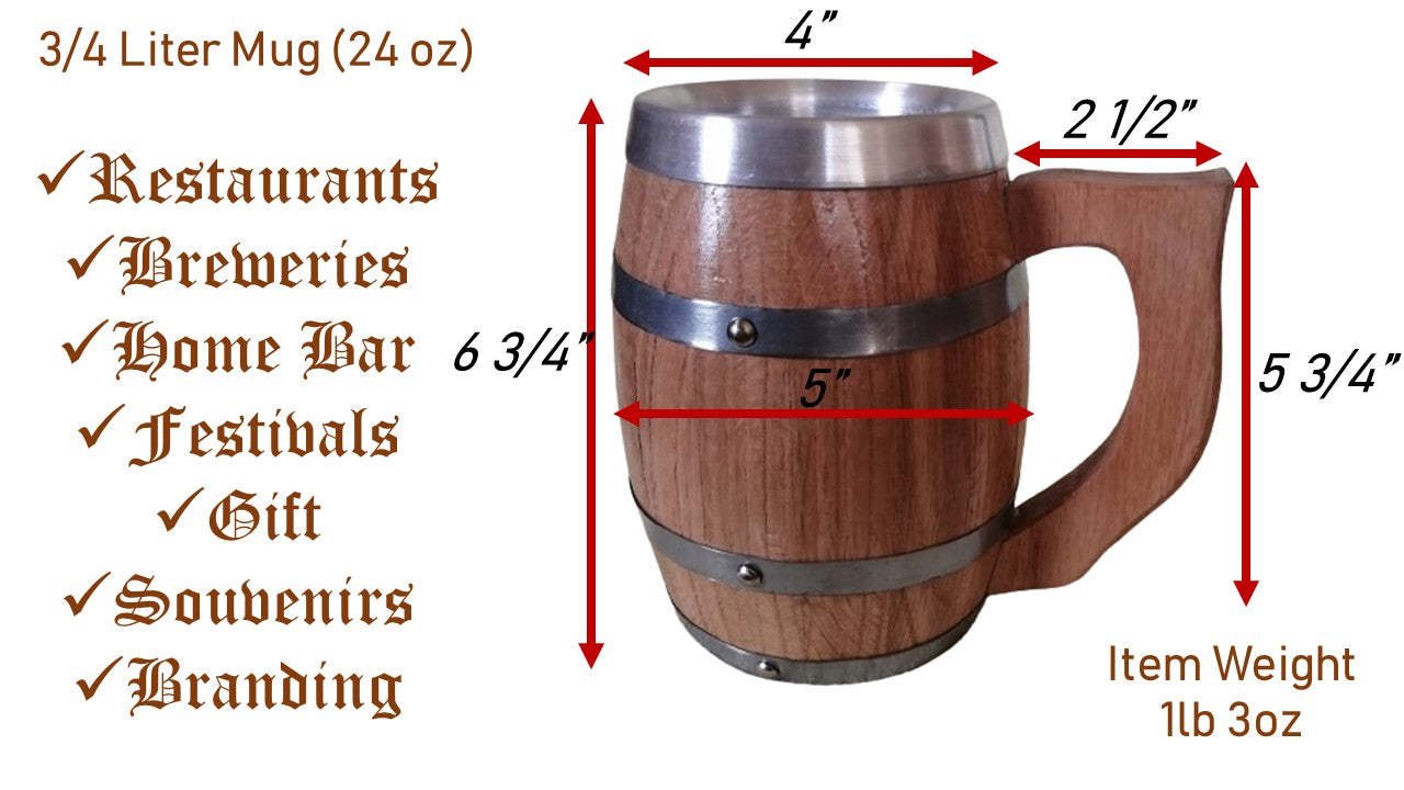 Wholesale Oak Barrel Mugs in 16, 24, or 32 fl oz, with Aluminum Lining for Perfectly Chilled Drinks