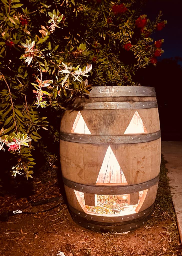 Halloween Oak Barrel Decoration / Vertical Half or Whole barrel / Lantern Wine Barrel