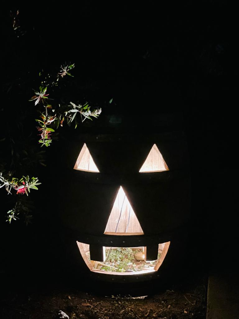 Halloween Oak Barrel Decoration / Vertical Half or Whole barrel / Lantern Wine Barrel